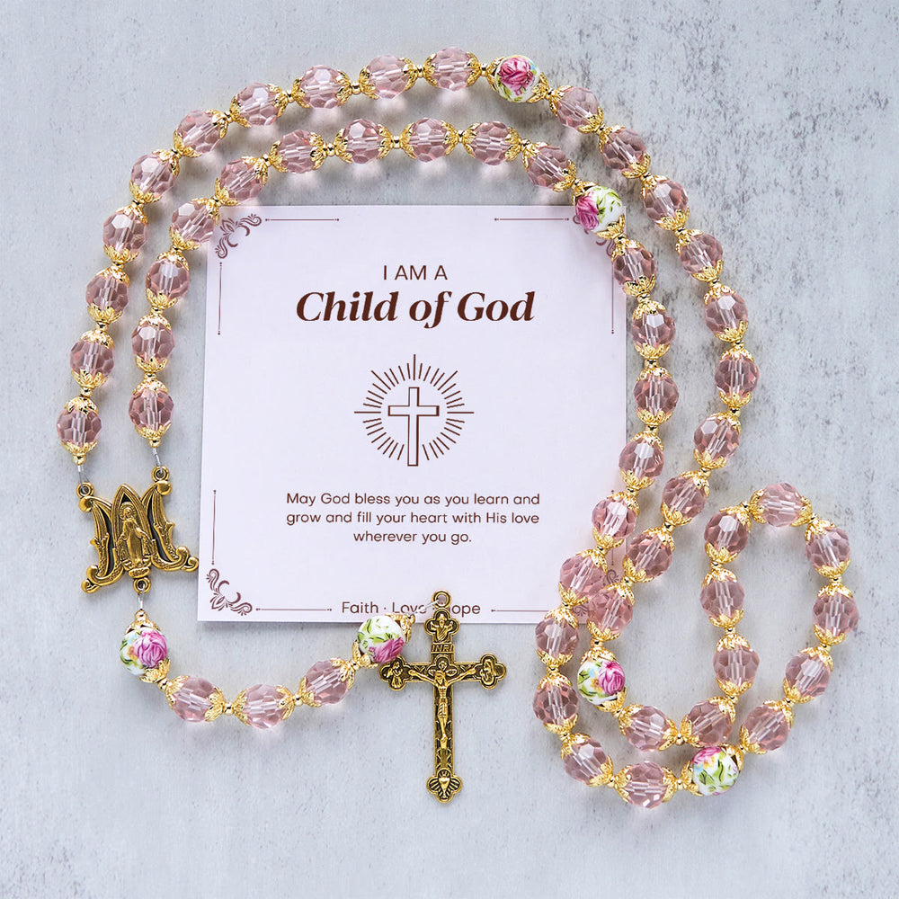 Christianartworkshop Gesù è il dono: crocifisso con perline di cristallo rosa e rosario della Vergine Maria con carta regalo - Figlio di Dio - image 1