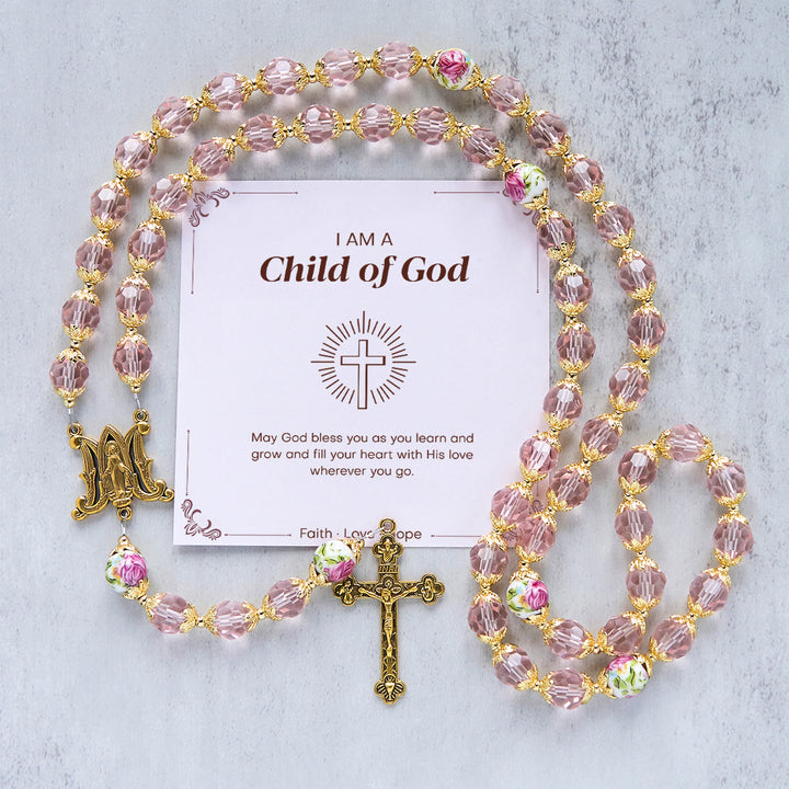 Christianartworkshop Gesù è il dono: crocifisso con perline di cristallo rosa e rosario della Vergine Maria con carta regalo - Figlio di Dio - image 1