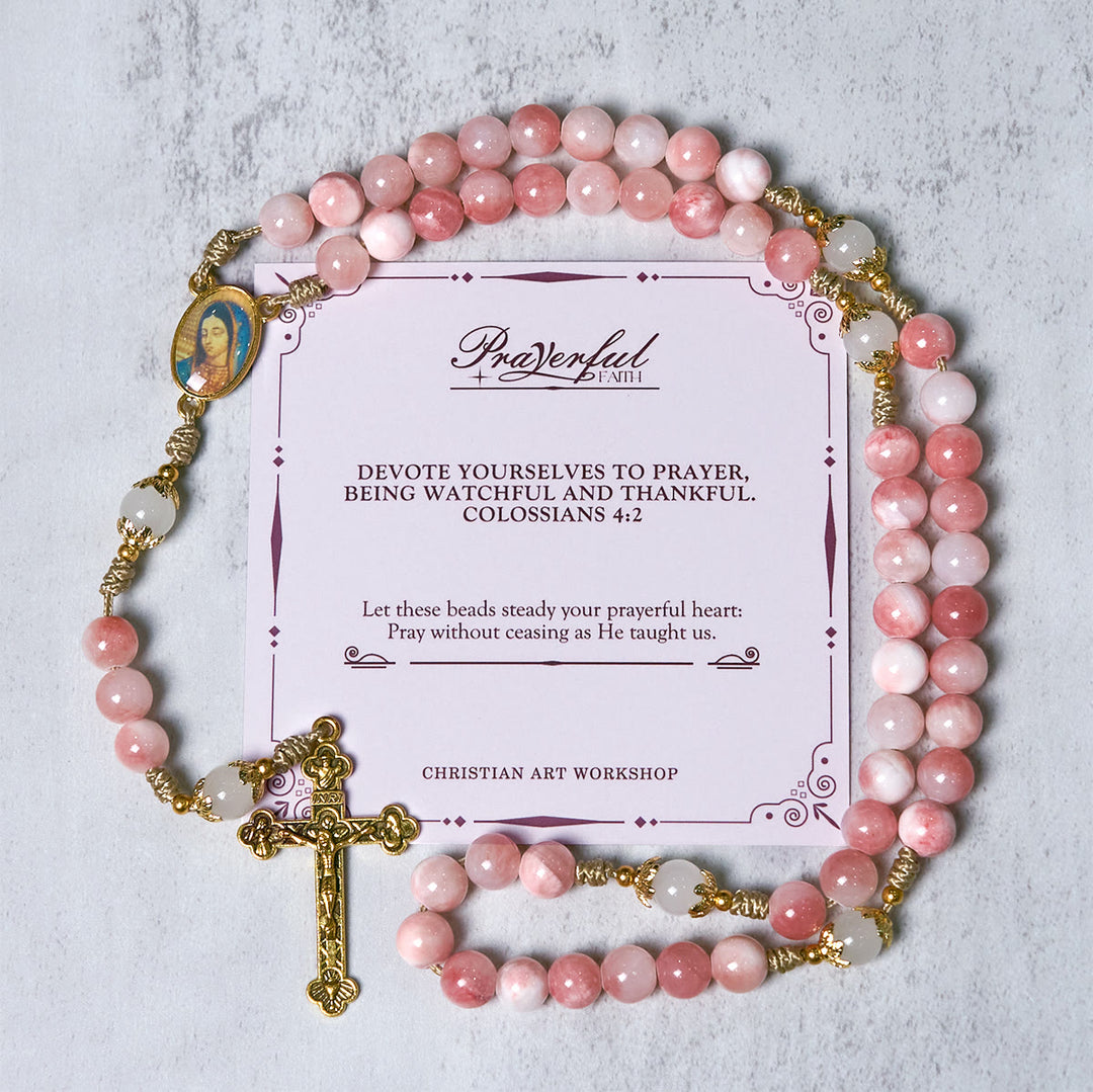 Christianartworkshop FEDE IN PREGHIERA: Rosario fatto a mano con perline lucide rosa e carta regalo - FEDE IN PREGHIERA - image 0