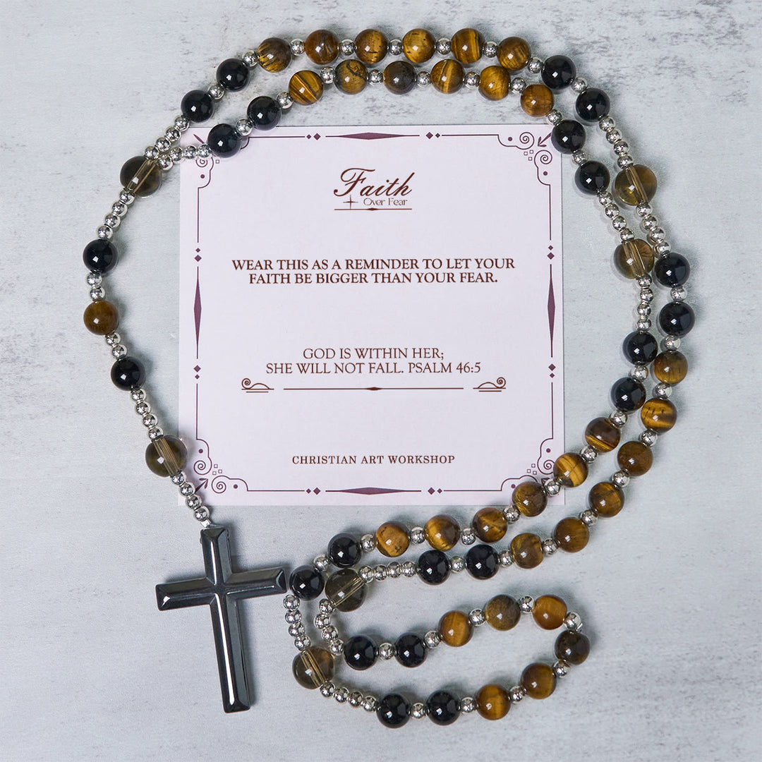Christianartworkshop FEDE IN PREGHIERA: Rosario fatto a mano in ossidiana naturale con occhio di tigre e carta regalo - LA FEDE SULLA PAURA - image 1