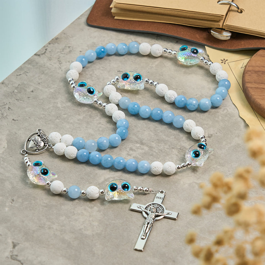 Christianartworkshop Benedizione del gatto in vetro con rosario commemorativo in pietra lavica bianca e acquamarina - Rosario del gatto - image 0