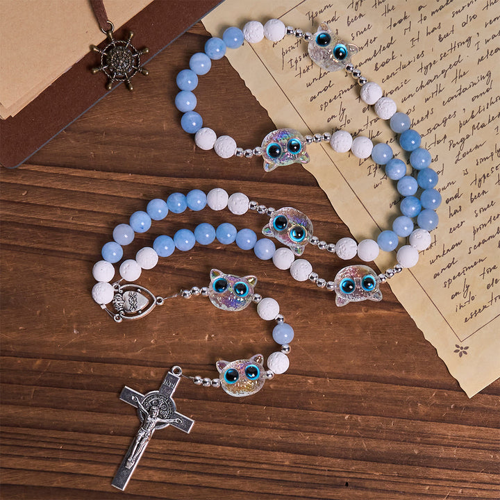 Christianartworkshop Benedizione del gatto in vetro con rosario commemorativo in pietra lavica bianca e acquamarina - image 5