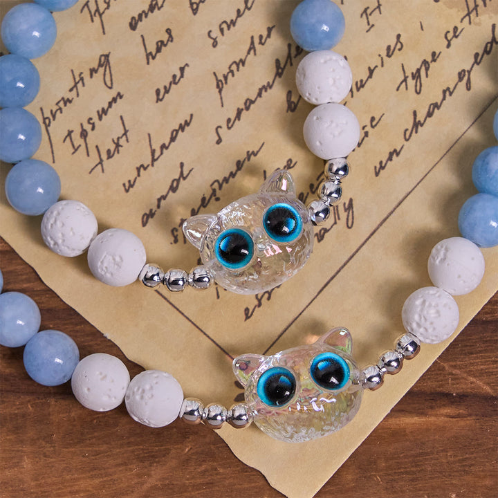 Christianartworkshop Benedizione del gatto in vetro con rosario commemorativo in pietra lavica bianca e acquamarina - image 7