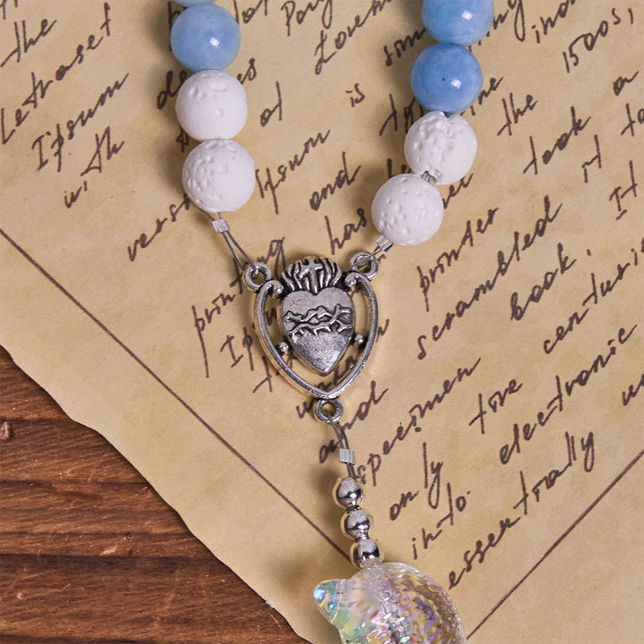 Christianartworkshop Benedizione del gatto in vetro con rosario commemorativo in pietra lavica bianca e acquamarina - image 8