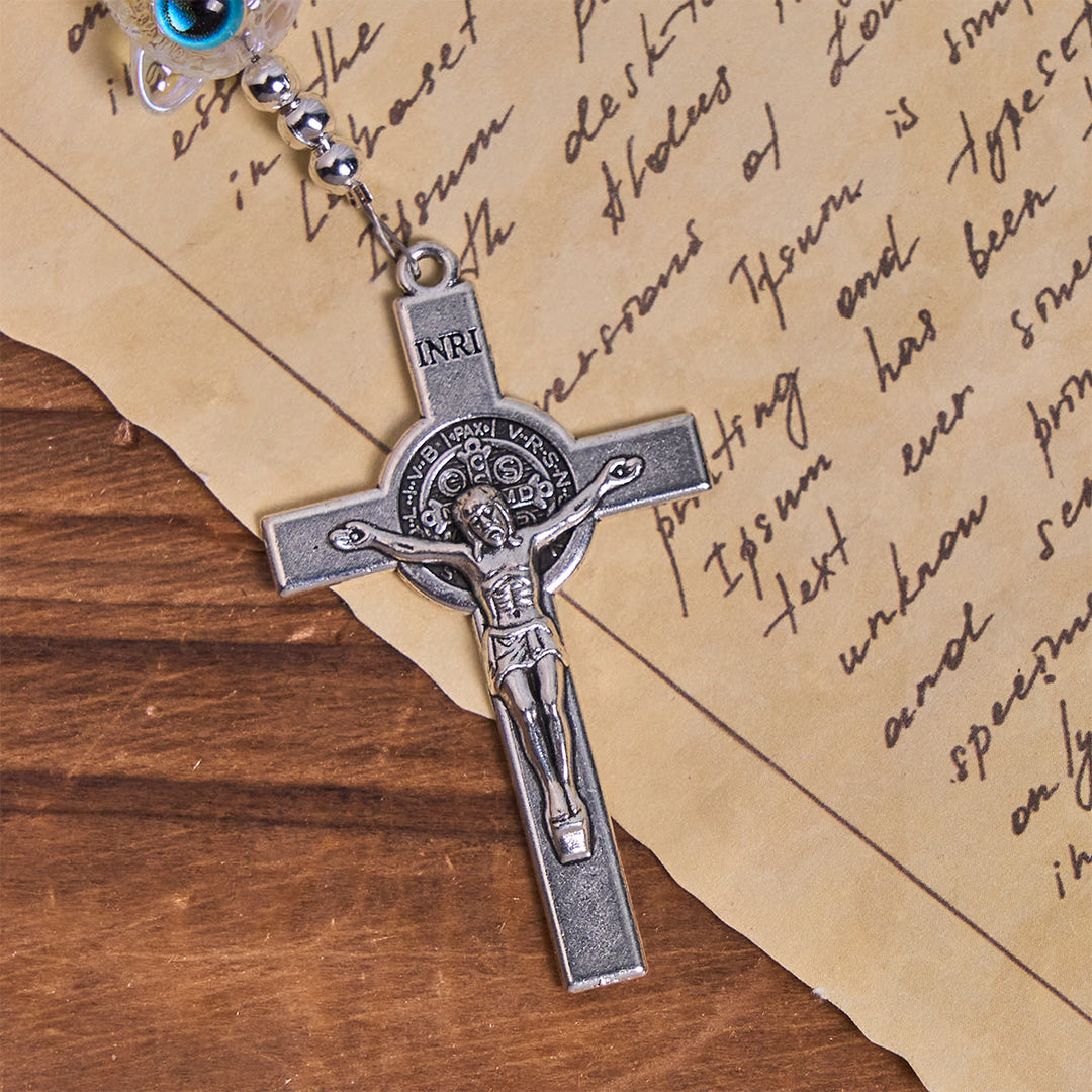 Christianartworkshop Benedizione del gatto in vetro con rosario commemorativo in pietra lavica bianca e acquamarina - image 9