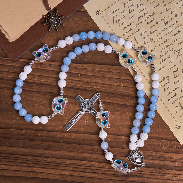 Christianartworkshop Benedizione del gatto in vetro con rosario commemorativo in pietra lavica bianca e acquamarina - image 6