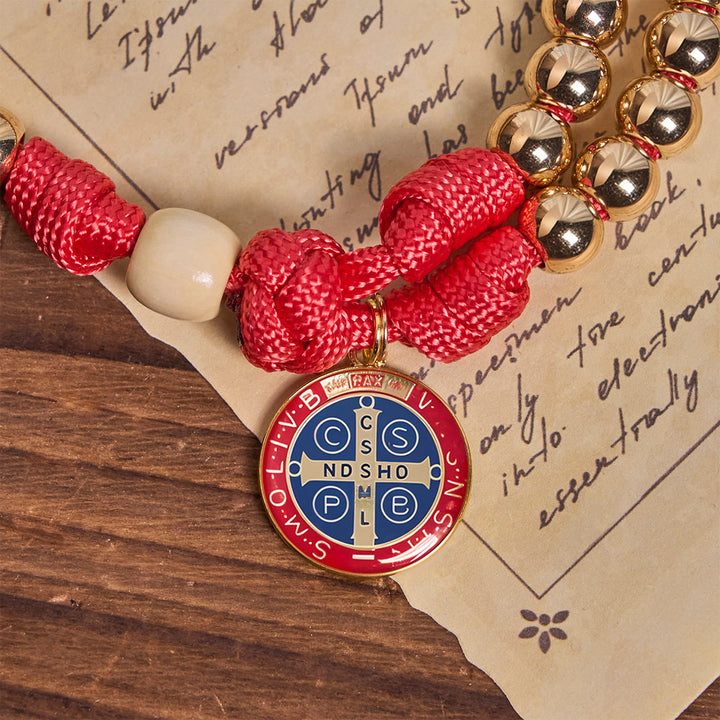 Rosario in paracord rosso con perline Golden Glory Christianartworkshop con San Benedetto  - image 6