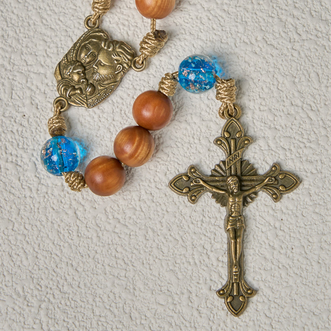 Rosario rustico in legno di thuja e blu oceano Christianartworkshop con guida e benedizione della Sacra Famiglia - image 7