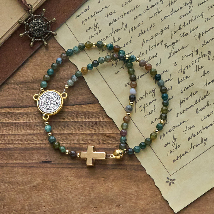 Braccialetti rosario fatti a mano nei toni della terra con croce e ciondolo di San Benedetto Christianartworkshop - San Benedetto e la Croce - image 0