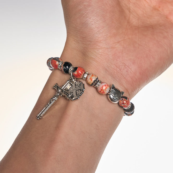 Christianartworkshop Bracciale commemorativo con perline di agata marmorizzata uniche e motivo a gatto calico, rosario con animali - image 2