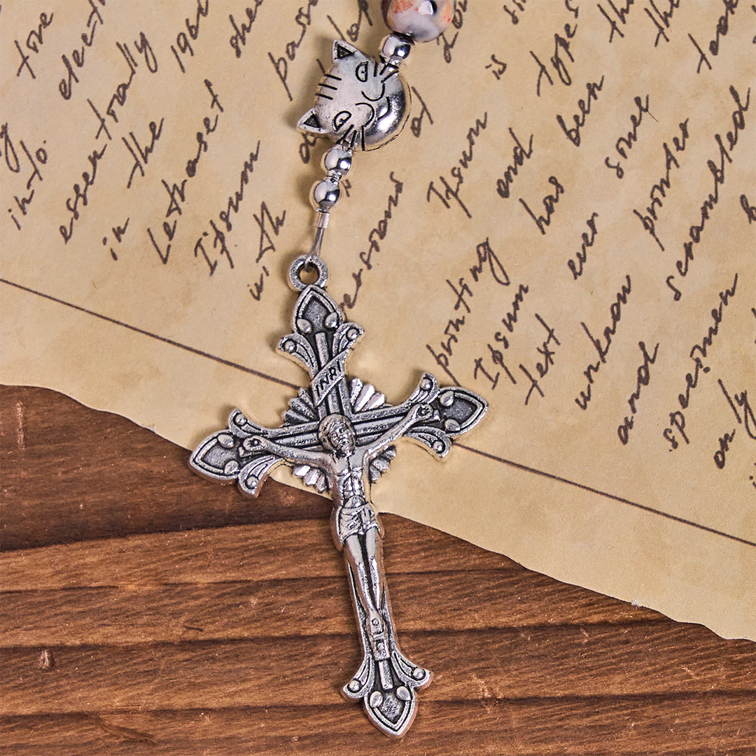 Christianartworkshop Bracciale commemorativo con perline di agata marmorizzata uniche e motivo a gatto calico, rosario con animali - image 8