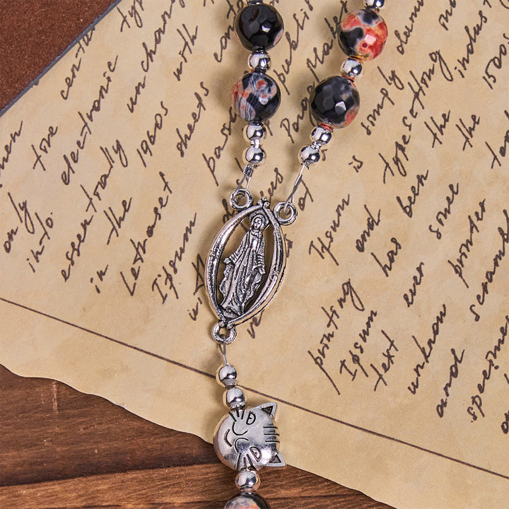 Christianartworkshop Bracciale commemorativo con perline di agata marmorizzata uniche e motivo a gatto calico, rosario con animali - image 9
