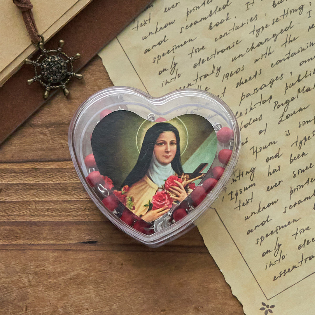 Rosario di perle rosso vino Christianartworkshop con la Madonna e il Crocifisso in una scatola a forma di cuore di Santa Teresa - image 5