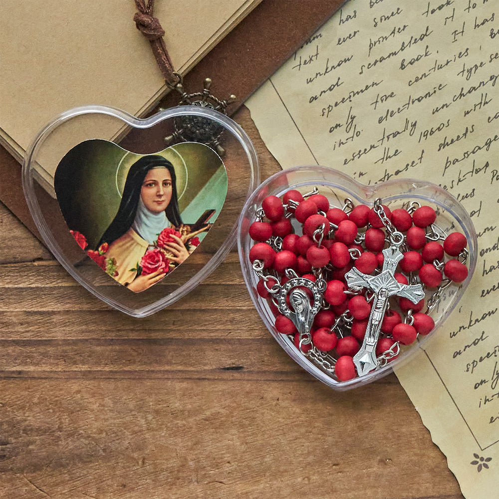 Christianartworkshop Rosario con grani rosso vino, Madonna e Crocifisso in scatola a forma di cuore di Santa Teresa - image 1