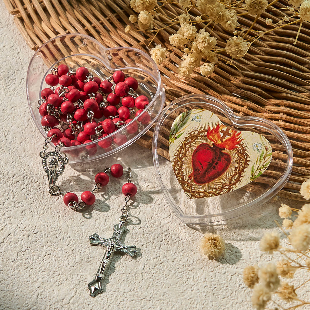 Rosario con perle rotonde color bordeaux Christianartworkshop in scatola del Sacro Cuore di Gesù - Sacro Cuore e Crocifisso - image 0