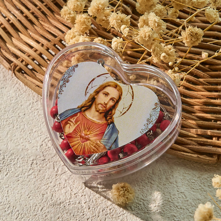 Rosario con grani rosso vino del Sacro Cuore di Gesù Christianartworkshop con scatola a forma di cuore - image 2