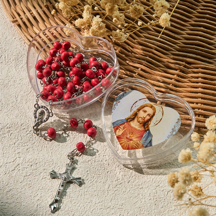 Rosario con grani rosso vino del Sacro Cuore di Gesù Christianartworkshop con scatola a forma di cuore - Gesù e Crocifisso - image 0