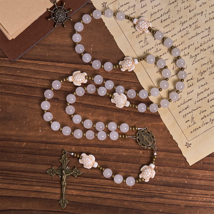 Christianartworkshop Rosario commemorativo sacro con quarzo bianco e tartaruga sacra, animale da preghiera - image 3