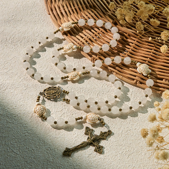 Christianartworkshop Rosario commemorativo sacro con quarzo bianco e tartaruga sacra, animale da preghiera - image 5