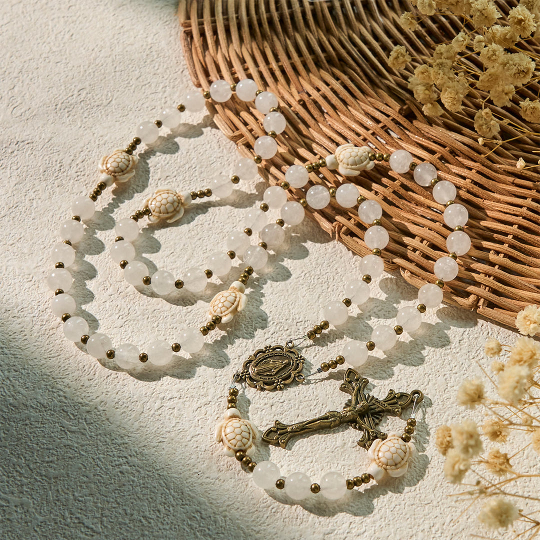 Christianartworkshop Rosario commemorativo sacro con quarzo bianco e tartaruga sacra, animale da preghiera - image 6