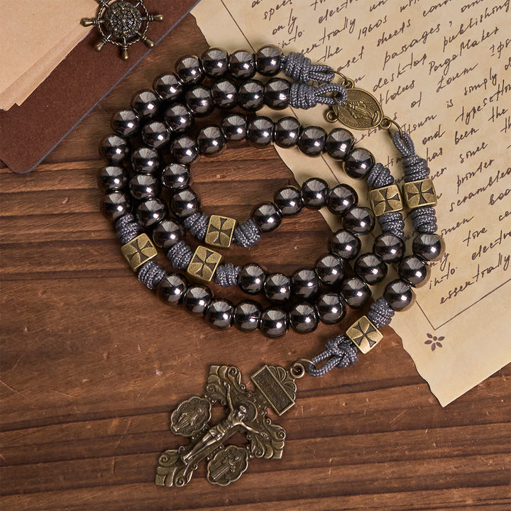 Christianartworkshop Medaglia Miracolosa e Crocifisso di Rosario in Cordino di Nylon con Calcolo Biliare Nero e Argento da 8 mm - image 2