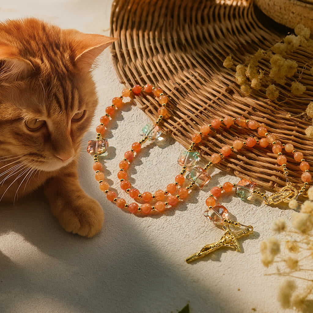Christianartworkshop Benedizione del gatto soriano arancione con perline di corniola Rosario di preghiera con animali - Rosario arancione tigrato - image 0