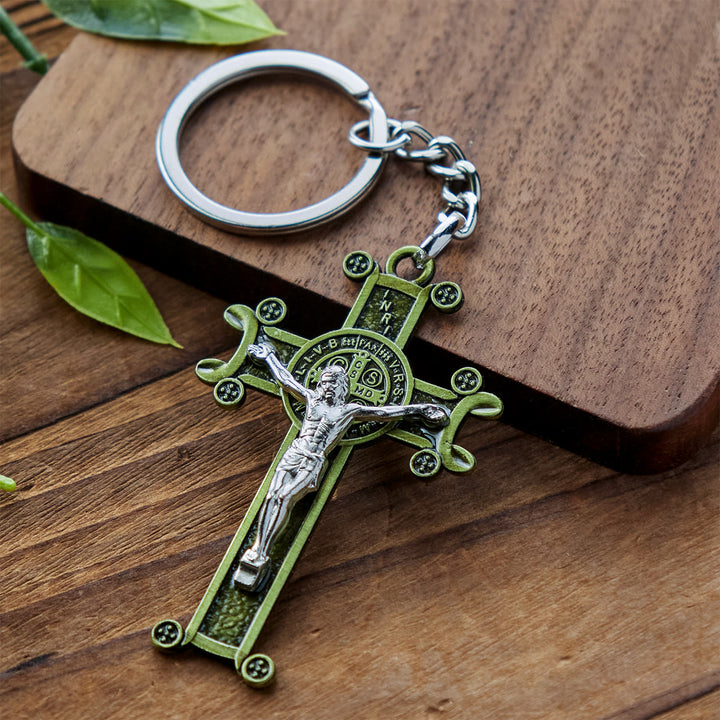 Christianartworkshop Crocifisso antico verde e argento antico con portachiavi di San Benedetto - Verde antico - image 0