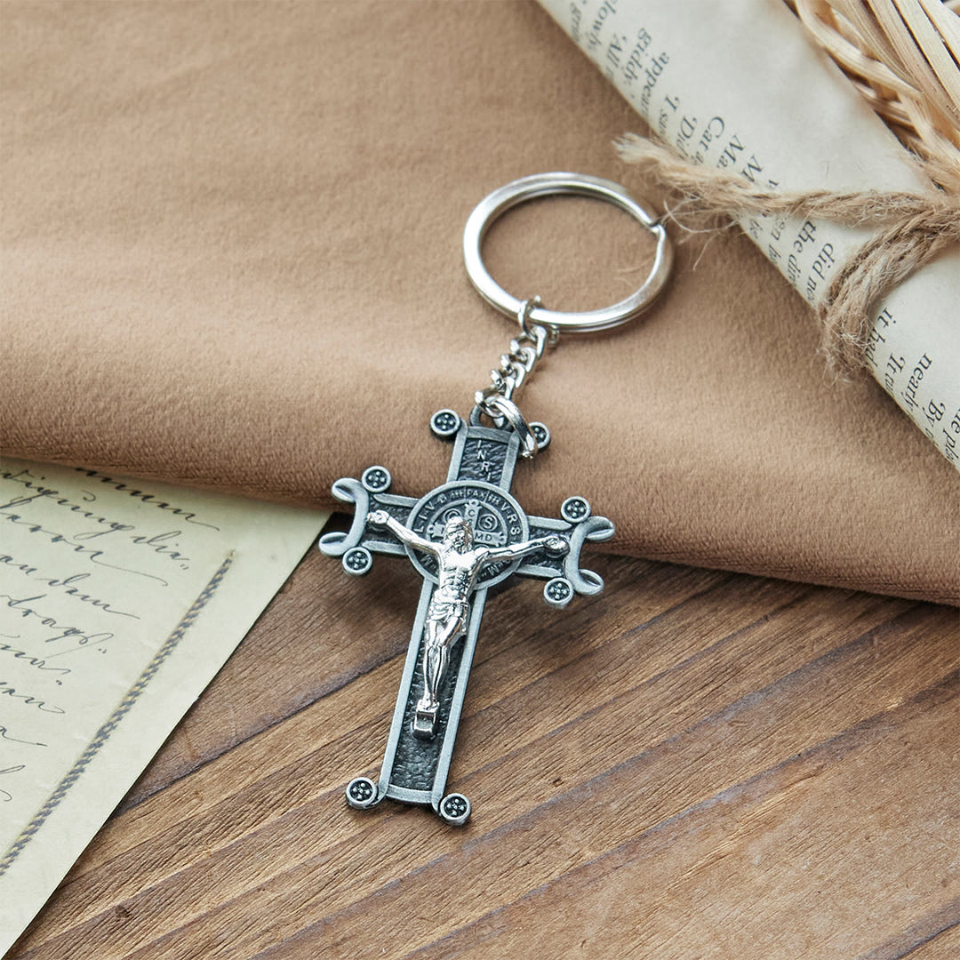 Christianartworkshop Crocifisso antico verde e argento antico con portachiavi di San Benedetto - image 7