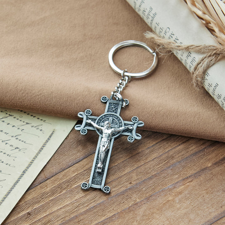 Christianartworkshop Crocifisso antico verde e argento antico con portachiavi di San Benedetto - image 7