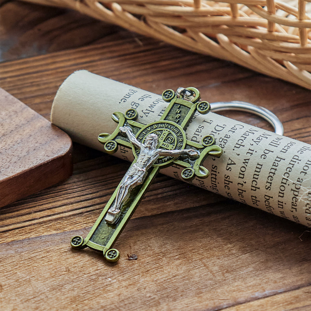 Christianartworkshop Crocifisso antico verde e argento antico con portachiavi di San Benedetto - image 4