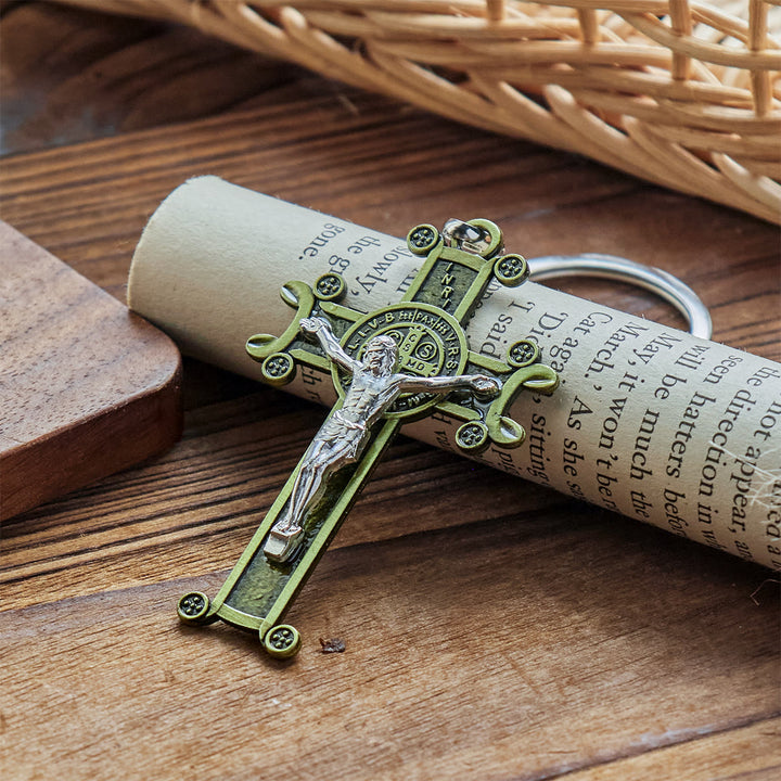 Christianartworkshop Crocifisso antico verde e argento antico con portachiavi di San Benedetto - image 4
