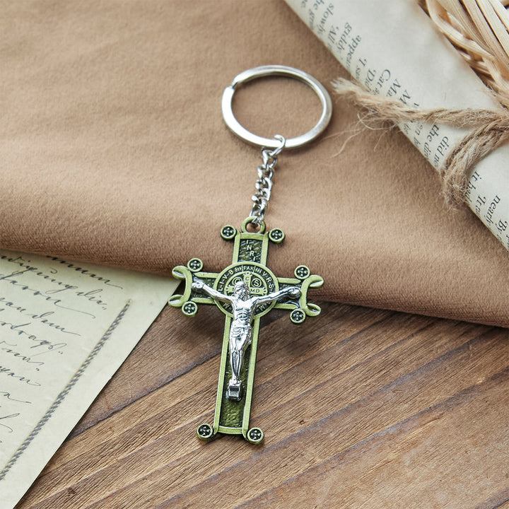 Christianartworkshop Crocifisso antico verde e argento antico con portachiavi di San Benedetto - image 6