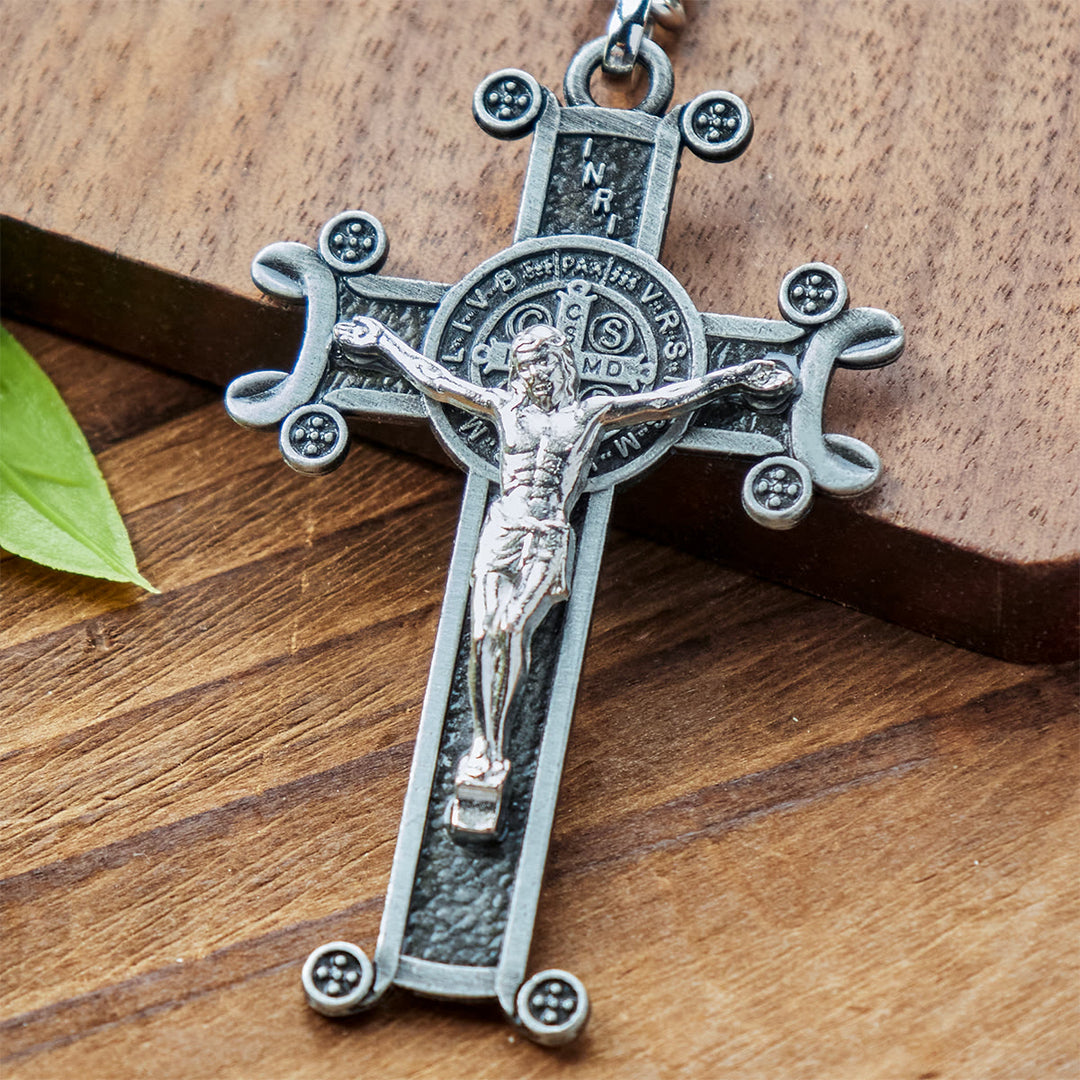 Christianartworkshop Crocifisso antico verde e argento antico con portachiavi di San Benedetto - image 3