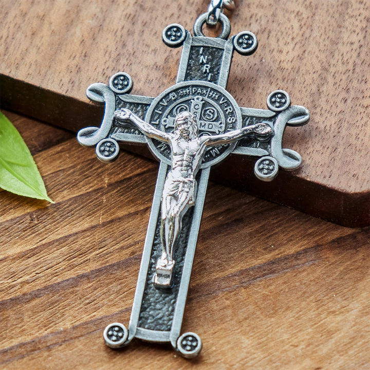 Christianartworkshop Crocifisso antico verde e argento antico con portachiavi di San Benedetto - image 3