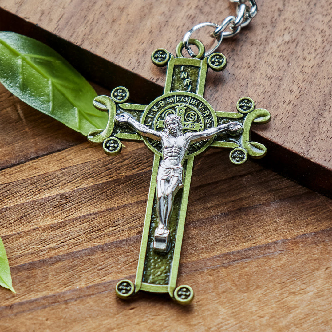 Christianartworkshop Crocifisso antico verde e argento antico con portachiavi di San Benedetto - image 2