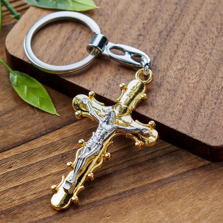 Christianartworkshop Portachiavi con crocifisso in peltro dorato e antico con bordo perlinato - D'oro - image 1