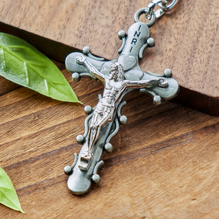 Christianartworkshop Portachiavi con crocifisso in peltro dorato e antico con bordo perlinato - image 4