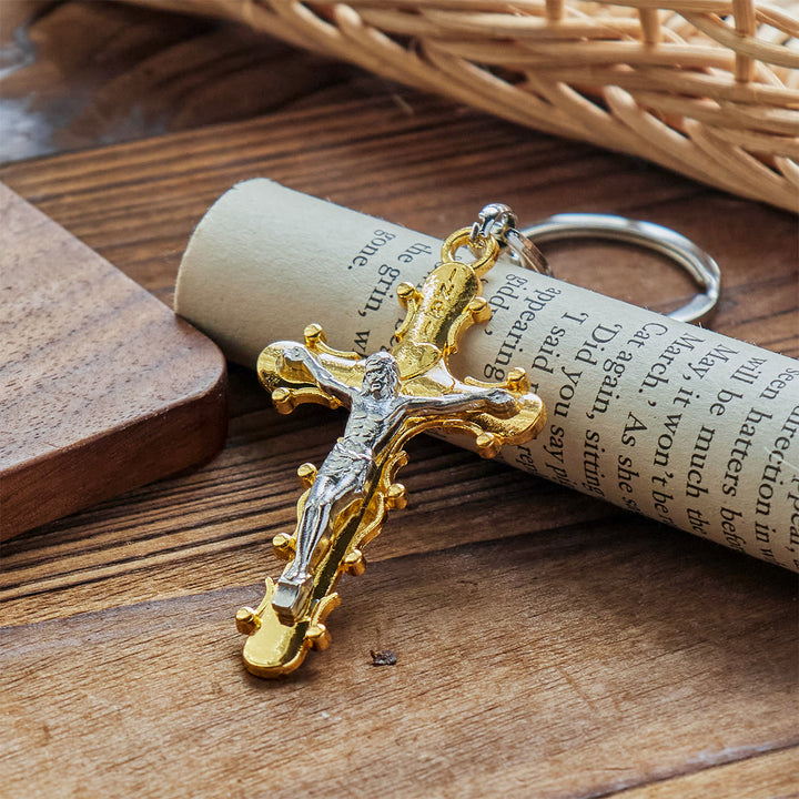 Christianartworkshop Portachiavi con crocifisso in peltro dorato e antico con bordo perlinato - image 3
