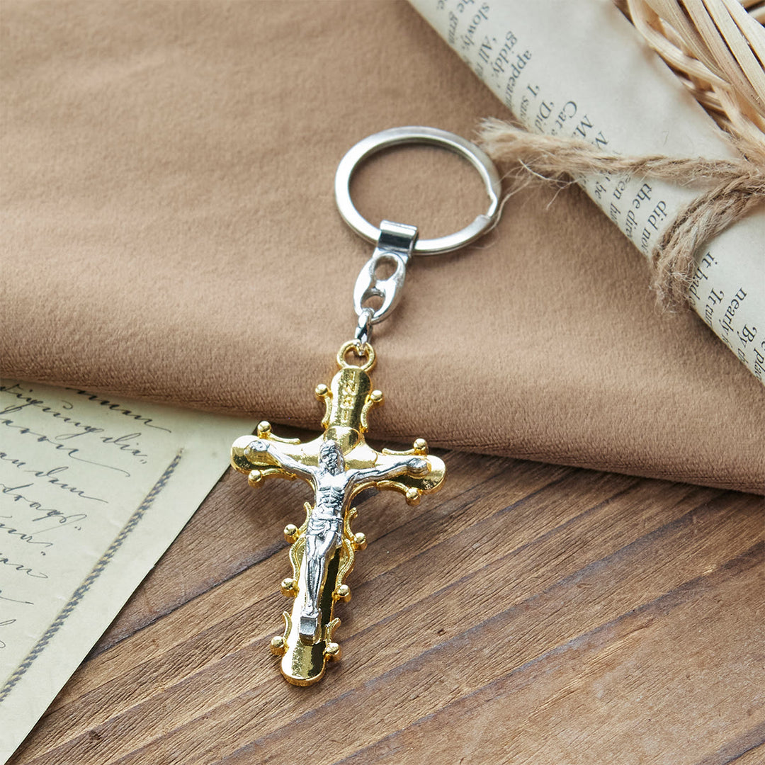 Christianartworkshop Portachiavi con crocifisso in peltro dorato e antico con bordo perlinato - image 7