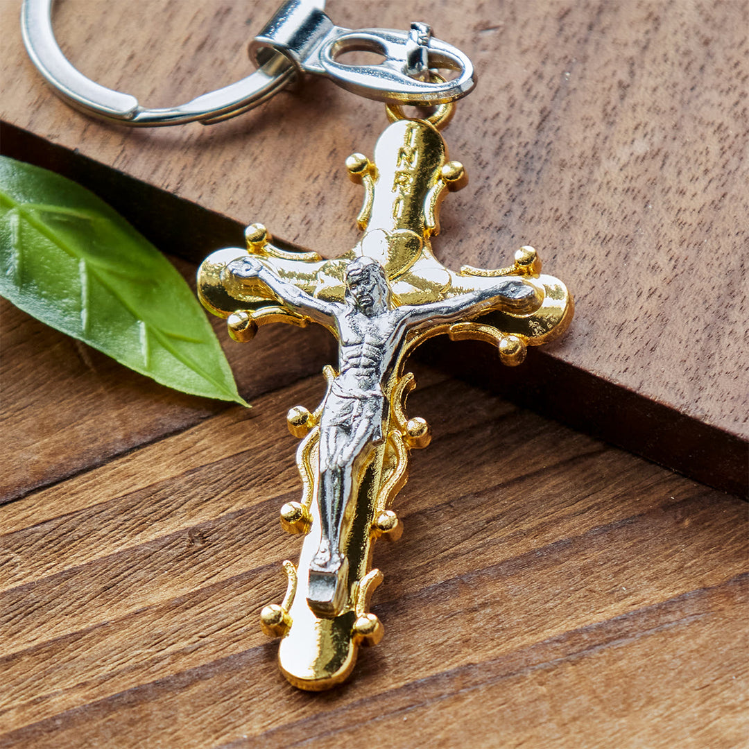 Christianartworkshop Portachiavi con crocifisso in peltro dorato e antico con bordo perlinato - image 5