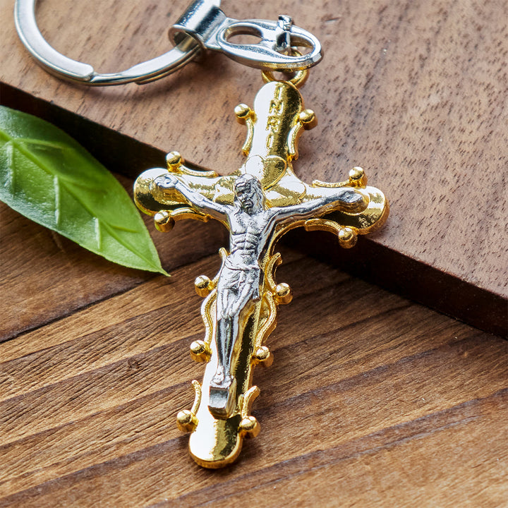 Christianartworkshop Portachiavi con crocifisso in peltro dorato e antico con bordo perlinato - image 5