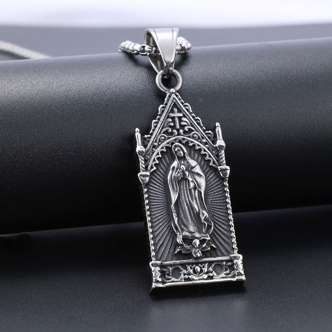 Collana antica in argento raffigurante la Vergine Maria con cornice gotica da cattedrale di Christianartworkshop - Acciaio inossidabile - image 0