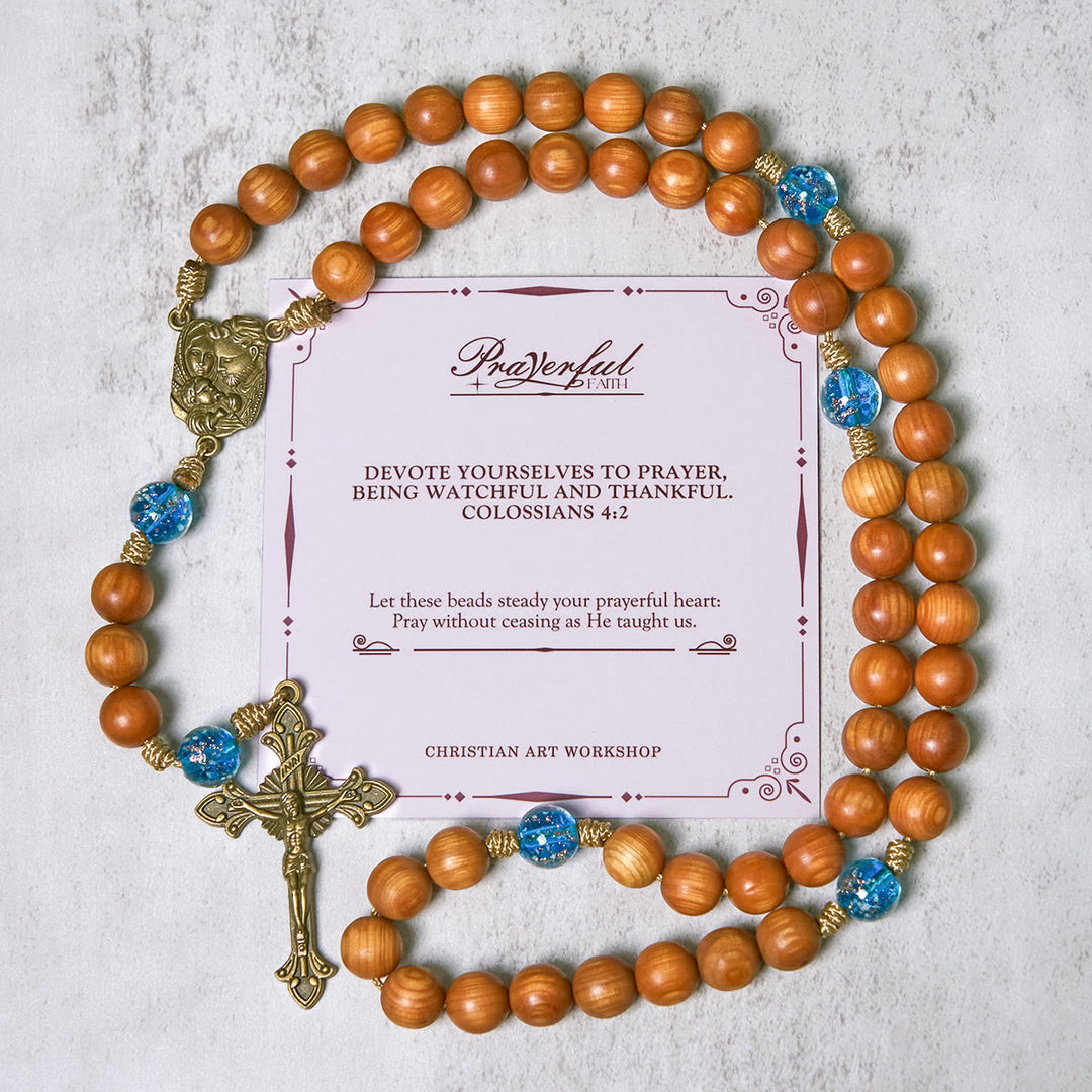 Christianartworkshop FEDE IN PREGHIERA: Rosario rustico marrone e blu oceano con Sacra Famiglia - FEDE IN PREGHIERA - image 0
