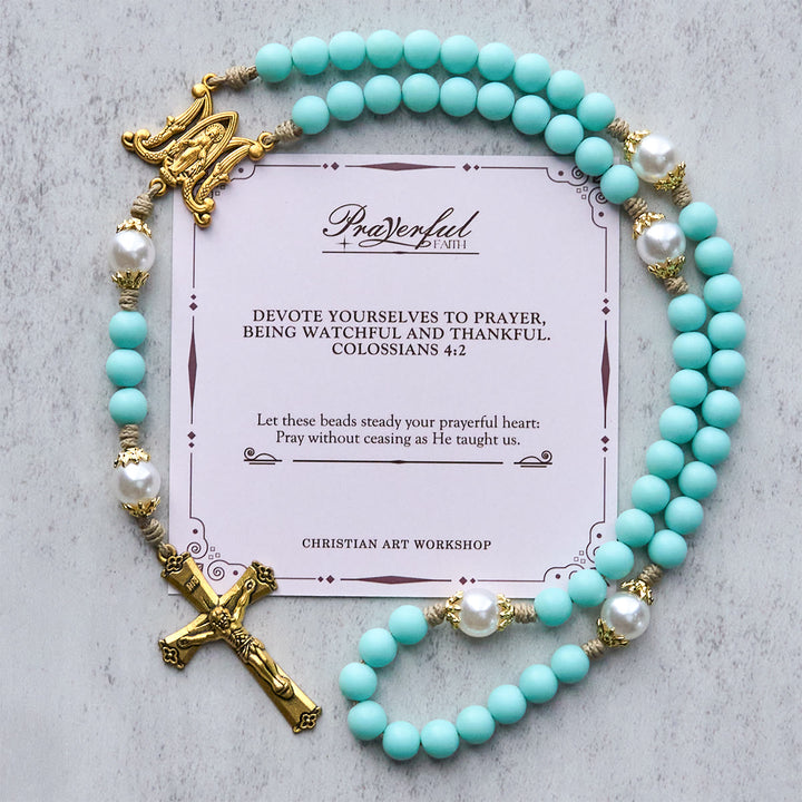 Christianartworkshop FEDE IN PREGHIERA: Perline e perle verde menta fatte a mano con medaglia miracolosa - FEDE IN PREGHIERA - image 0