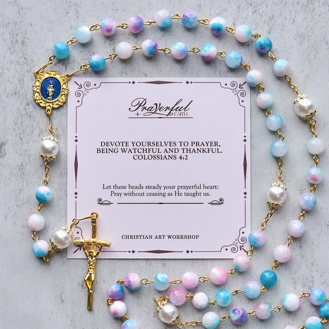 Christianartworkshop FEDE IN PREGHIERA: Rosario floreale fatto a mano Celestial Grace da 8 mm blu e viola - FEDE IN PREGHIERA - image 0