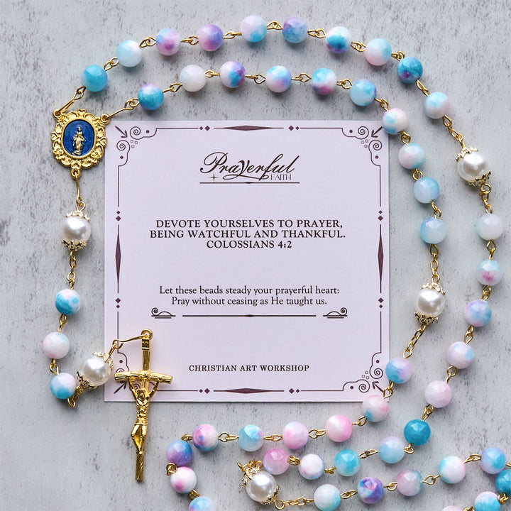 Christianartworkshop FEDE IN PREGHIERA: Rosario floreale fatto a mano Celestial Grace da 8 mm blu e viola - FEDE IN PREGHIERA - image 0