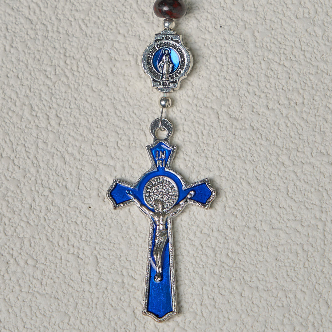 Rosario marrone scuro fatto a mano Christianartworkshop con medaglie in smalto blu della Madonna e crocifisso - image 6