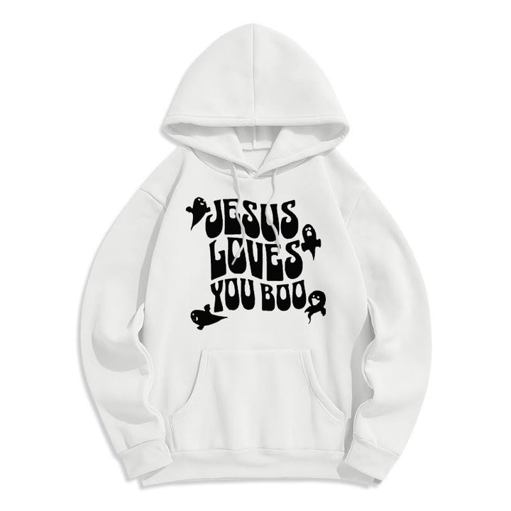 Christianartworkshop Felpa con cappuccio in poliestere foderata in pile Jesus Loves You Boo - Bianco - 2XL - image 7