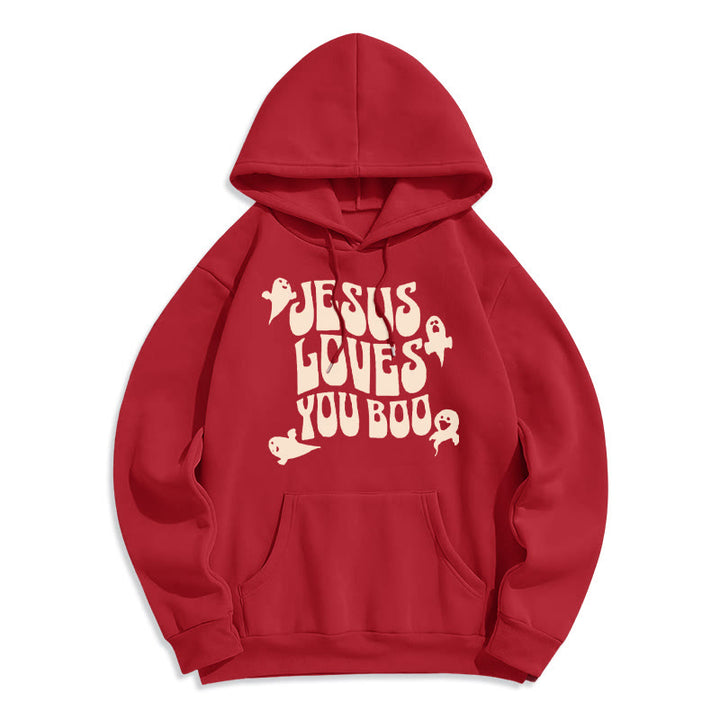 Christianartworkshop Felpa con cappuccio in poliestere foderata in pile Jesus Loves You Boo - Rosso - 2XL - image 3