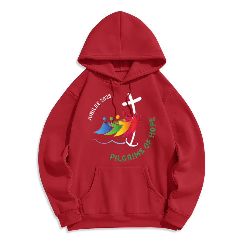 Felpa con cappuccio in poliestere foderata in pile stile colorato "Pellegrini della speranza Giubileo" Christianartworkshop - Rosso - 2XL - image 6